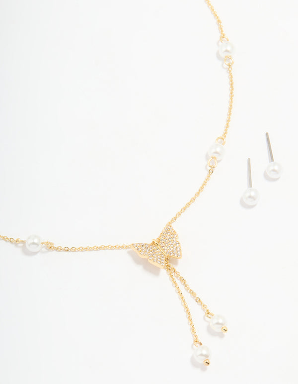 Gold Plated Cubic Zirconia Butterfly Pearl Necklace & Earrings Set