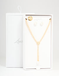 Gold Plated Pearl Flower Cubic Zirconia Y-Necklace & Earrings Set - link has visual effect only