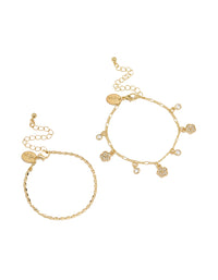 Gold Plated Chain & Mini Flower Charm Bracelets 2-Pack - link has visual effect only