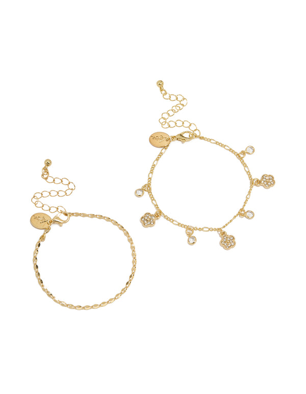 Gold Plated Chain & Mini Flower Charm Bracelets 2-Pack