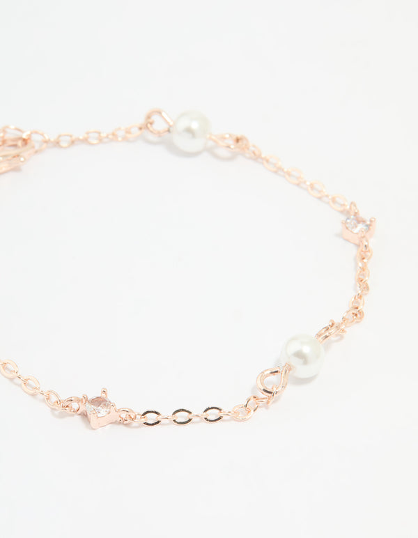 Rose Gold Plated Cubic Zirconia Pearl Bracelet & Earrings Set