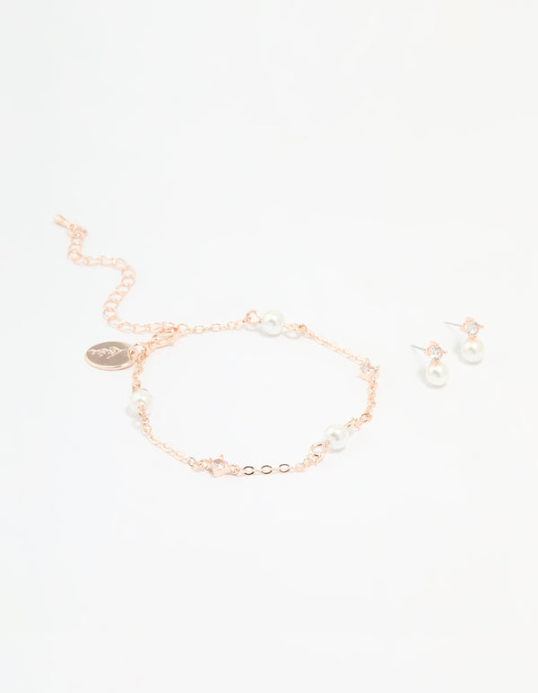 Rose Gold Plated Cubic Zirconia Pearl Bracelet & Earrings Set