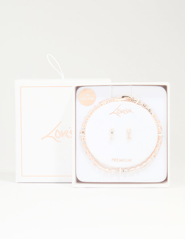 Rose Gold Plated Cubic Zirconia Tennis Bracelet & Drop Earrings Set