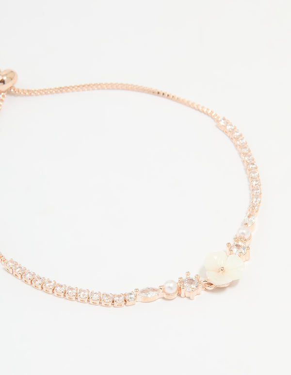 Rose Gold Plated Cubic Zirconia Acrylic Flower Toggle Bracelet & Earrings Set