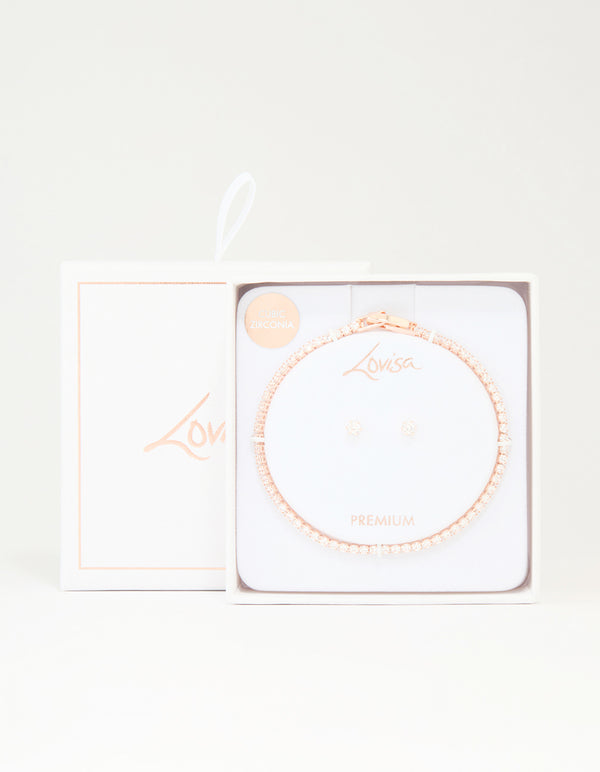 Rose Gold Plated Cubic Zirconia Small Baguette Tennis Bracelet & Earrings Set