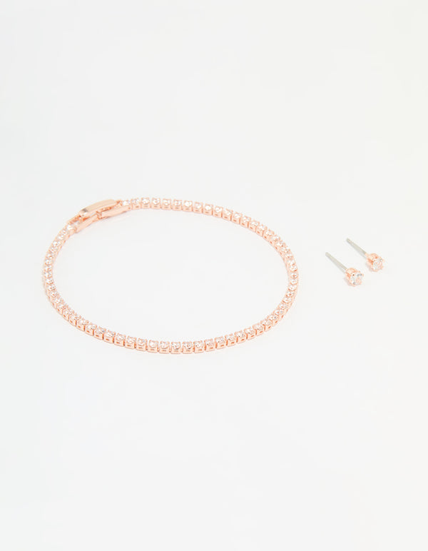 Rose Gold Plated Cubic Zirconia Small Baguette Tennis Bracelet & Earrings Set