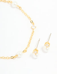 Gold Plated Cubic Zirconia Pearl Bracelet & Earrings Set - link has visual effect only
