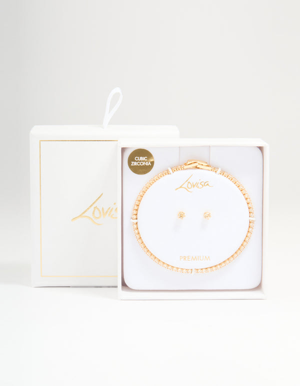 Gold Plated Cubic Zirconia Small Tennis Bracelet & Earrings Set