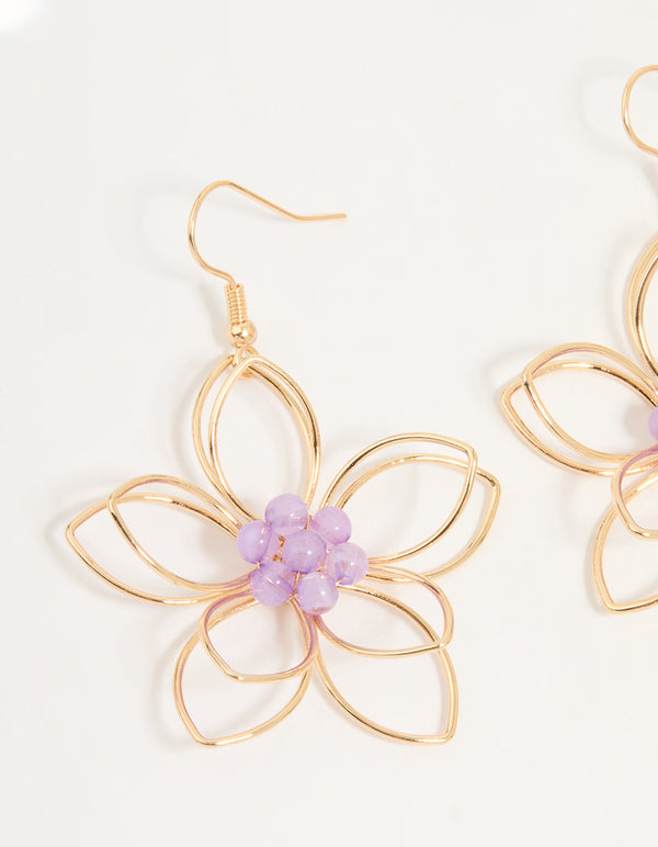 Rose Gold Purple Beaded 3D Flower Drop Earrings