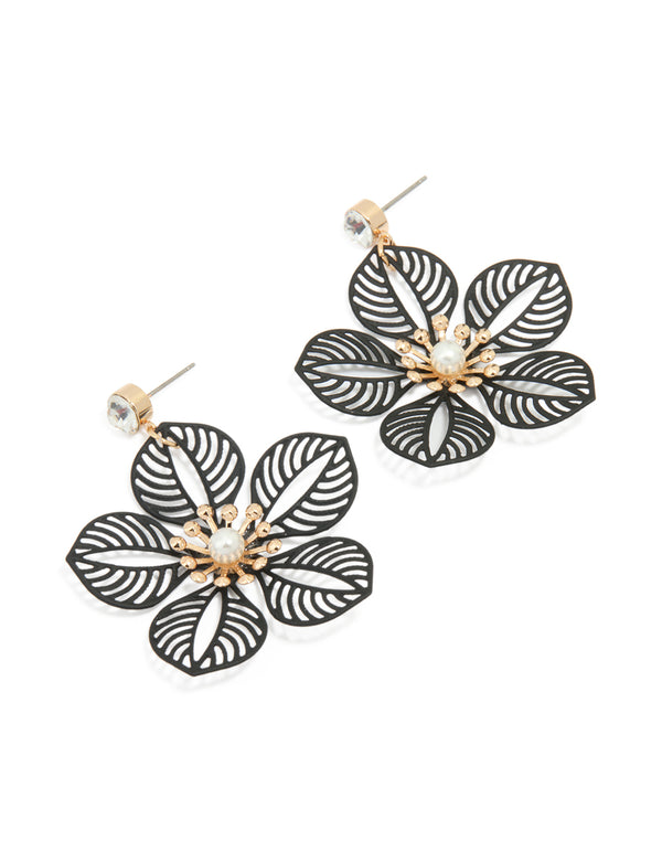 Gold Diamante Pearl Black Filigree Flower Drop Earrings