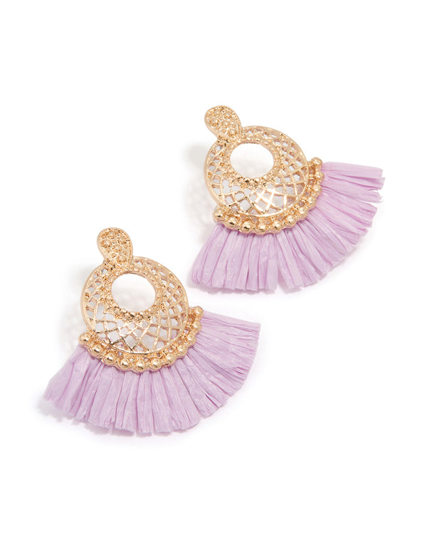 Gold Purple Paper Filigree Fan Drop Earrings