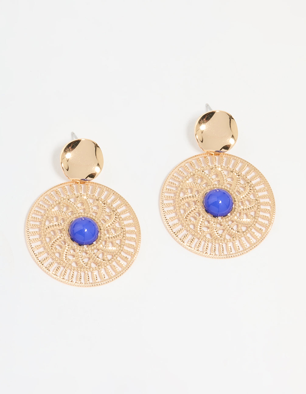 Gold Filigree & Blue Marble Center Drop Earrings