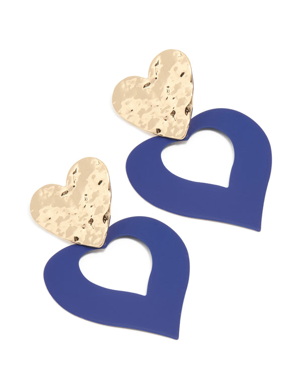 Gold Hammered & Blue Heart Drop Earrings