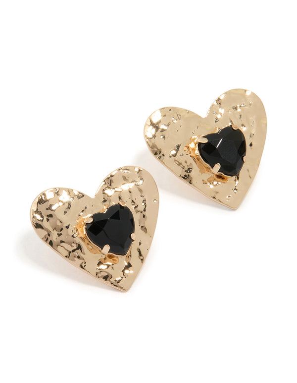 Gold Black Diamante Center Heart Stud Earrings