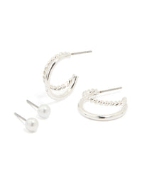 Silver Pearl Stud & Twisted Double Hoop Earrings 2-Pack - link has visual effect only