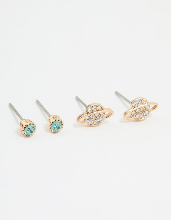 Gold Diamante Planet & Classic Stud Earrings 2-Pack