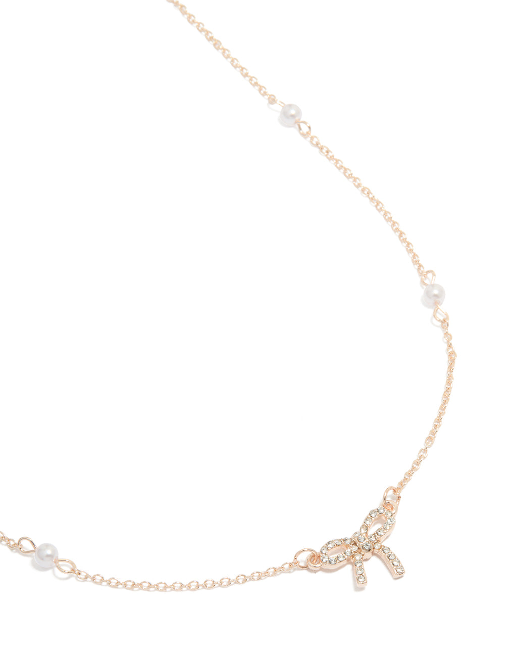 Rose Gold Pearl Diamante Bow Station Necklace