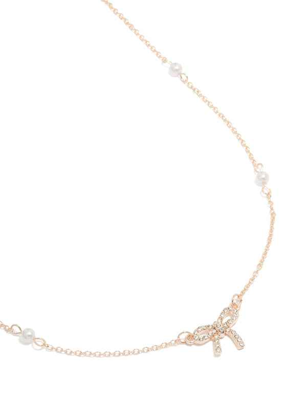Rose Gold Pearl Diamante Bow Station Necklace