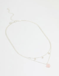 Silver Diamante & Pink Stone Heart Layered Necklace - link has visual effect only