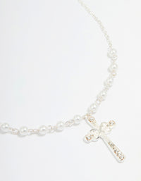 Silver Pearl Diamante Cross Pendant Necklace - link has visual effect only