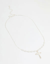 Silver Pearl Diamante Cross Pendant Necklace - link has visual effect only
