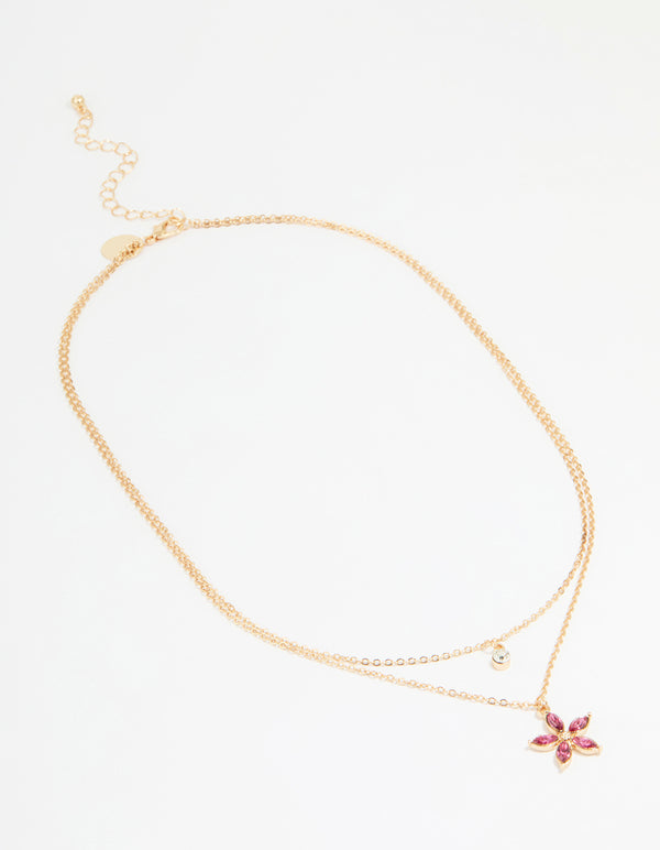 Gold Diamante Pendant & Flower Layered Necklace