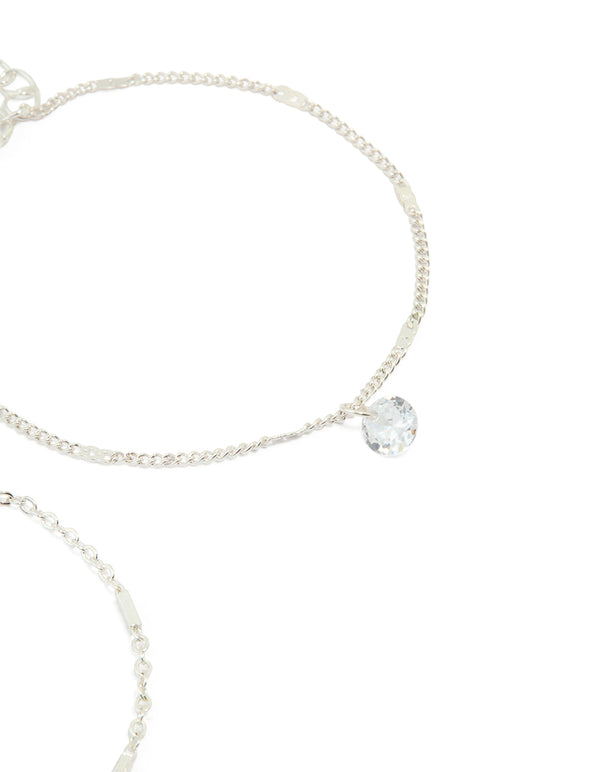 Silver Cubic Zirconia Drop & Chain Bracelets 2-Pack