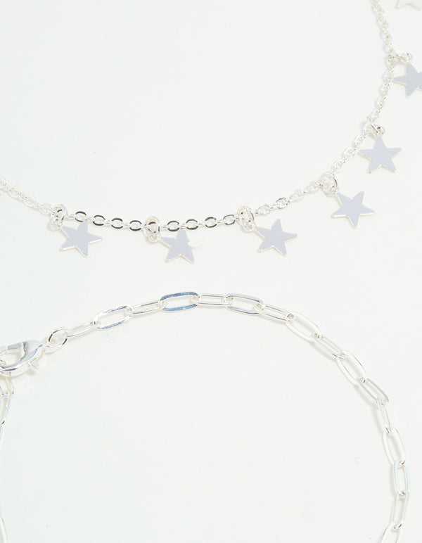 Silver Star & Chain Anklets 3-Pack