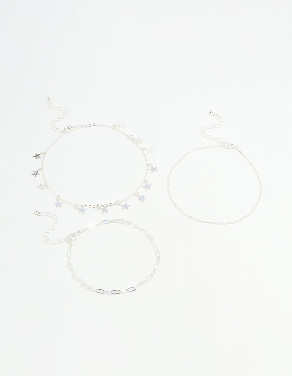 Silver Star & Chain Anklets 3-Pack