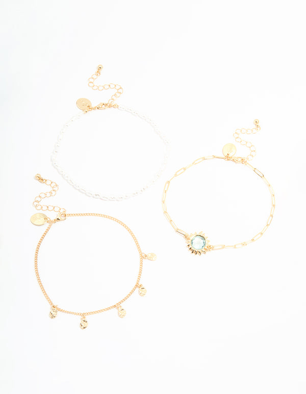 Gold Pearl & Sun Charm Anklet 3-Pack
