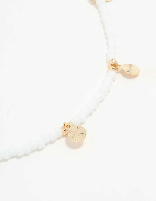 White Seed Beaded Coin Charm Anklet
