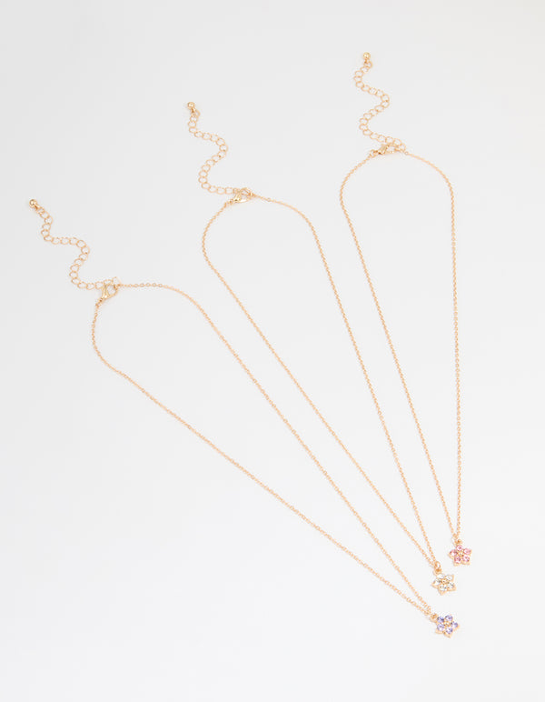 Gold Diamante Flower Necklaces 3-Pack