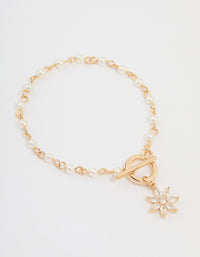 Gold Pearl Cubic Zirconia Flower T&O Bracelet - link has visual effect only
