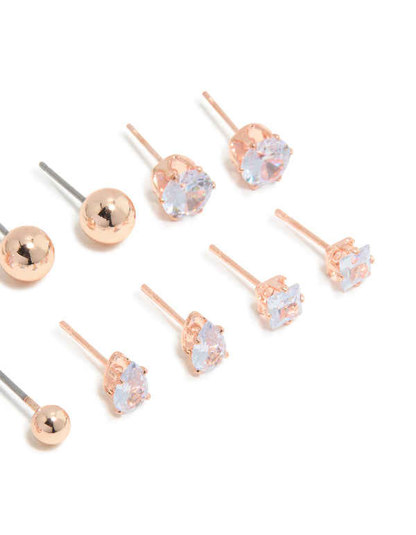 Rose Gold Diamante Mixed Shape Stud Earrings 8-Pack