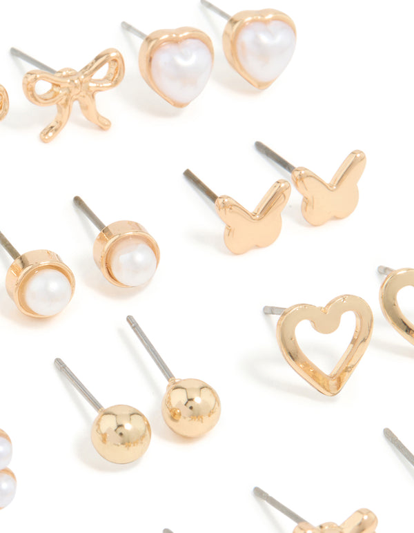 Gold Pearl & Heart Stud Earrings 12-Pack