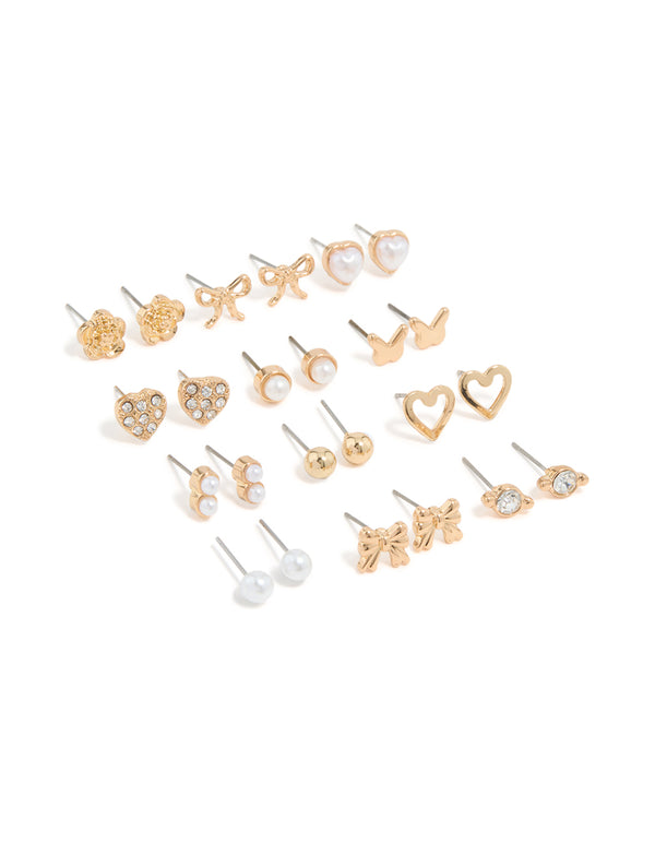 Gold Pearl & Heart Stud Earrings 12-Pack