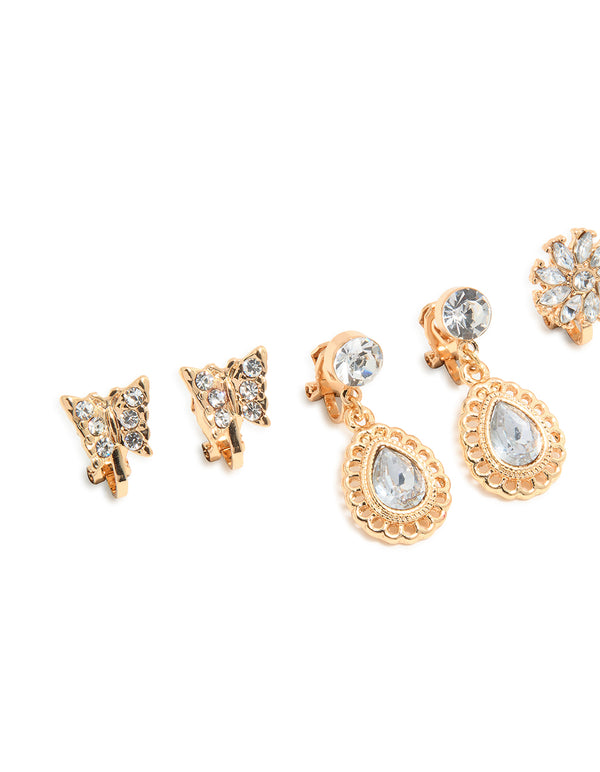 Gold Butterfly & Diamante Clip On Earrings 4-Pack