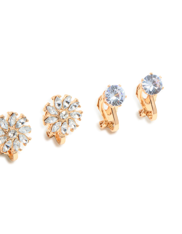 Gold Butterfly & Diamante Clip On Earrings 4-Pack