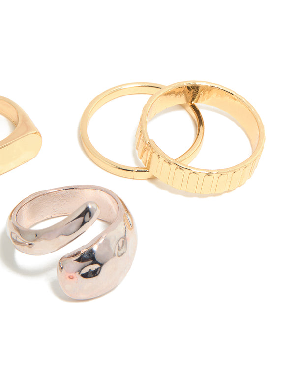 Mixed Metal Hammered & Twisted Rings 5-Pack