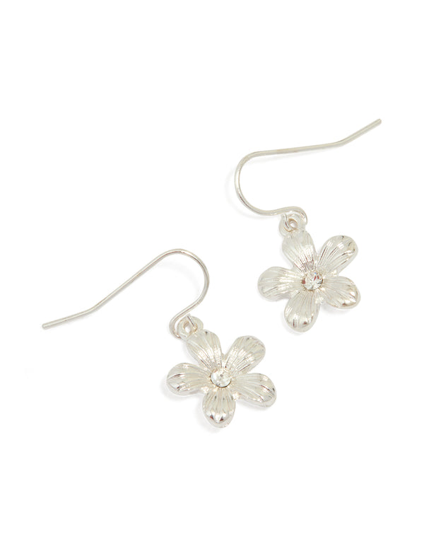 Silver Diamante Flower Drop Earrings
