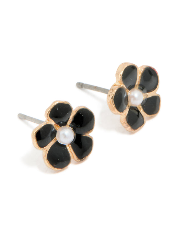 Gold Pearl Center Black Flower Stud Earrings