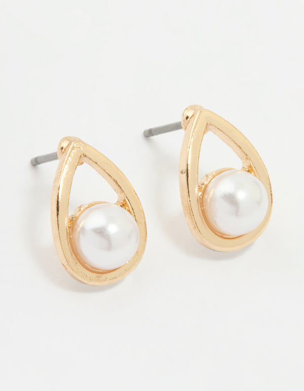 Gold Pearl Teardrop Stud Earrings