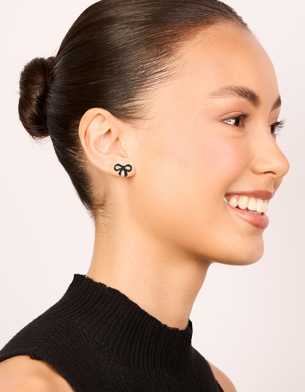 Black Coated Metal Ribbon Bow Stud Earrings