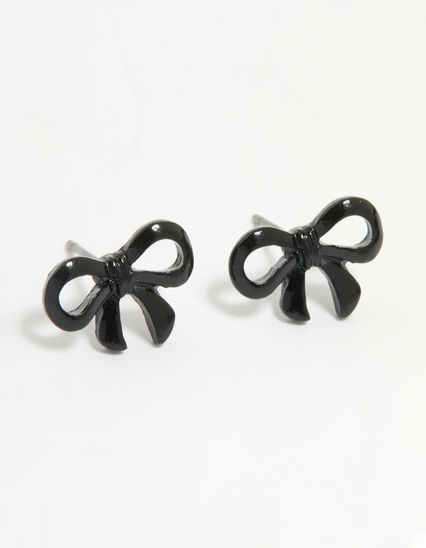 Black Coated Metal Ribbon Bow Stud Earrings