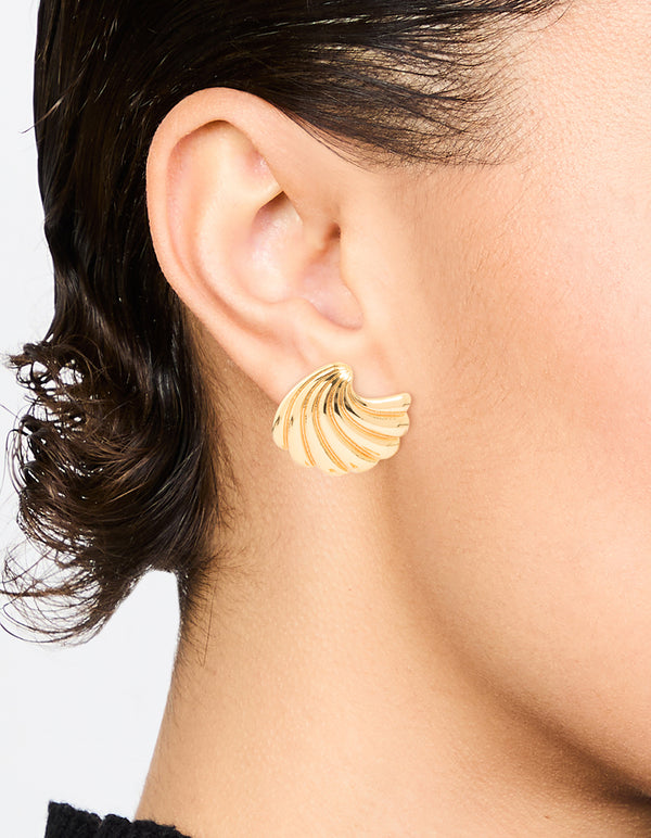 Gold Plated Ribbed Medium Curved Stud Earrings