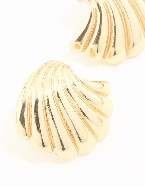 Gold Plated Ribbed Medium Curved Stud Earrings