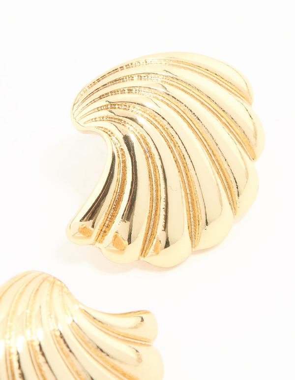 Gold Plated Ribbed Medium Curved Stud Earrings