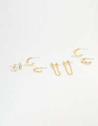 Gold Plated Cubic Zirconia Stud & Chain Earrings 4-Pack - link has visual effect only