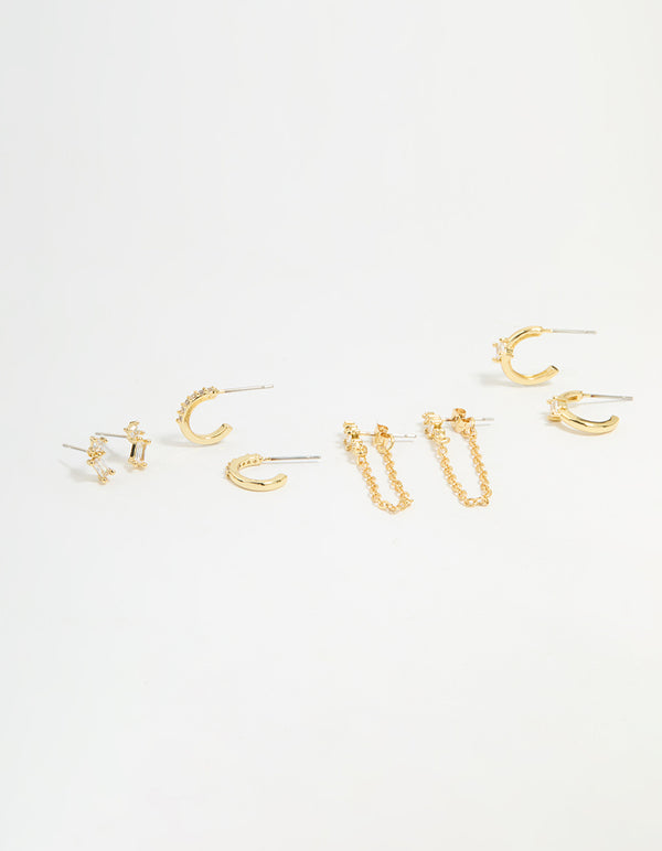Gold Plated Cubic Zirconia Stud & Chain Earrings 4-Pack