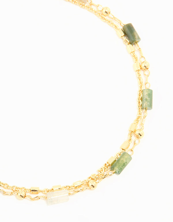 Gold Plated Green Semi Precious Stone Layered Chain Bracelet